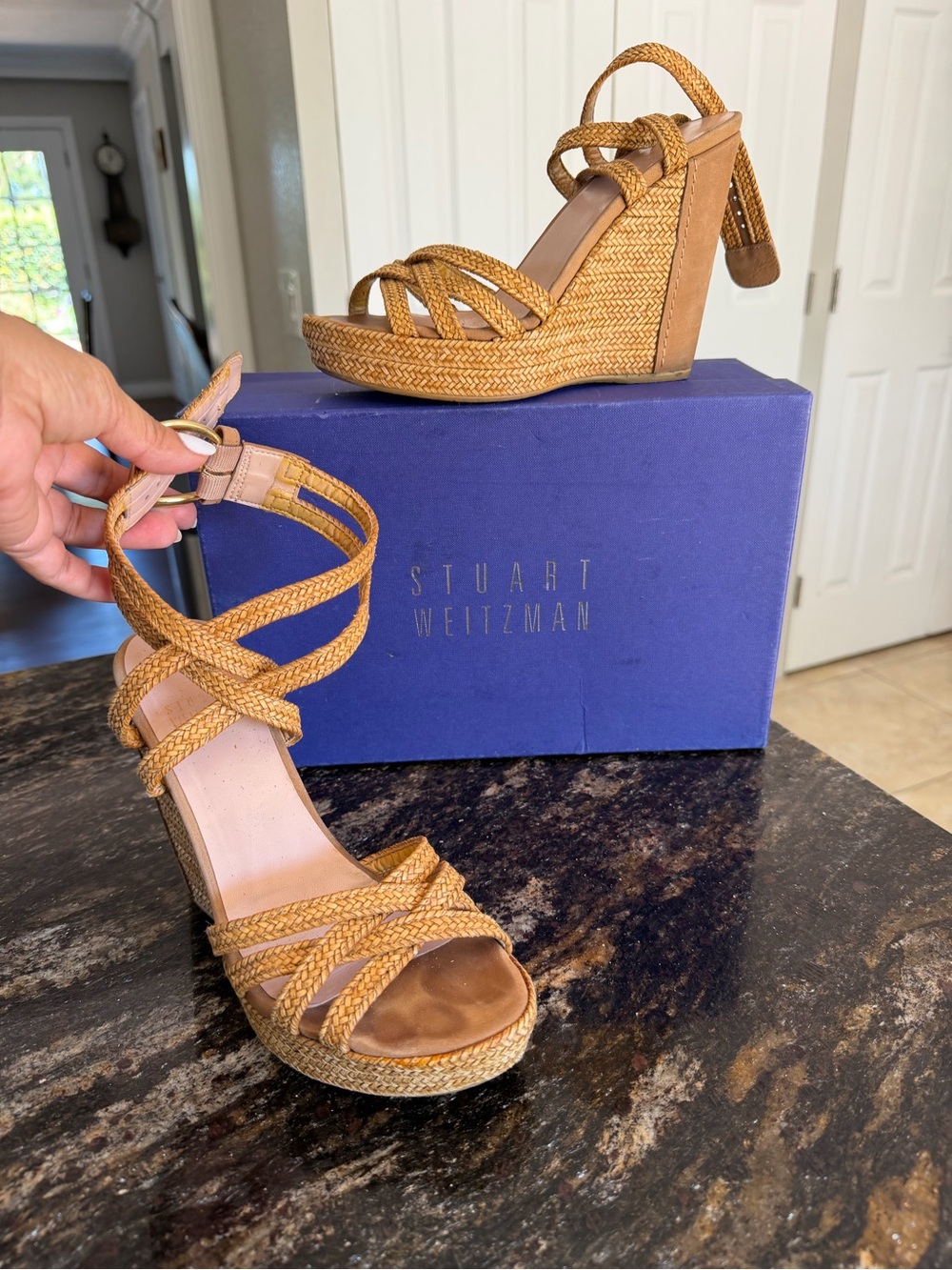 Stuart Weitzman Braided Tan Wedge Sandals